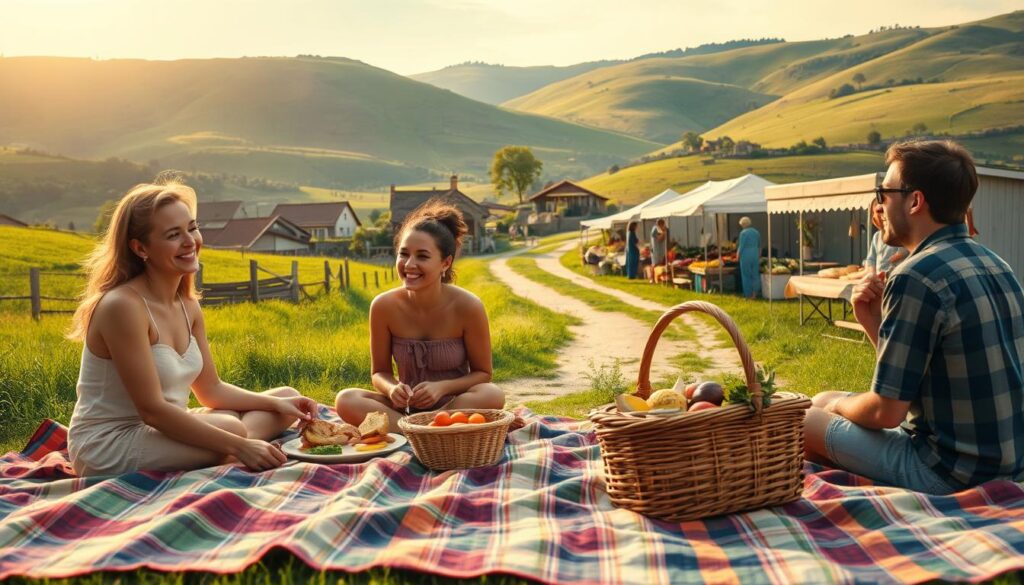 A serene rural landscape depicting the budget advantages of slow travel. In the foreground, a happy family enjoys a picnic on a colorful picnic blanket, with a rustic basket filled with homemade food. In the middle, a well-worn path leads to a charming local market bustling with friendly vendors selling fresh produce and handmade crafts, emphasizing affordability and community spirit. In the background, picturesque rolling hills with quaint cottages and green fields under a warm, soft sunlight add a tranquil ambiance. The scene captures a relaxed, leisurely pace, invoking the beauty of simplicity and savings associated with slow travel. The atmosphere feels inviting and cheerful, highlighting the joy of experiencing local culture without the rush. A wide-angle view showcases the vibrant colors and harmonious setting. A serene rural landscape depicting the budget advantages of slow travel. In the foreground, a happy family enjoys a picnic on a colorful picnic blanket, with a rustic basket filled with homemade food. In the middle, a well-worn path leads to a charming local market bustling with friendly vendors selling fresh produce and handmade crafts, emphasizing affordability and community spirit. In the background, picturesque rolling hills with quaint cottages and green fields under a warm, soft sunlight add a tranquil ambiance. The scene captures a relaxed, leisurely pace, invoking the beauty of simplicity and savings associated with slow travel. The atmosphere feels inviting and cheerful, highlighting the joy of experiencing local culture without the rush. A wide-angle view showcases the vibrant colors and harmonious setting.