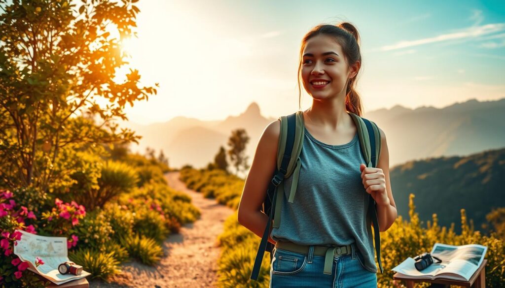 A serene scene capturing the essence of first-time solo travel. In the foreground, a young woman in modest casual clothing stands confidently with a backpack, gazing at a breathtaking landscape. Her expression radiates excitement and determination. In the middle, a winding path leads through lush greenery and vibrant flowers, symbolizing adventure. Surrounding her are essentials for solo travel, like a map, a guidebook, and a camera. In the background, majestic mountains rise under a soft blue sky, bathed in warm, golden sunlight, creating an inviting atmosphere. The overall mood is one of empowerment and freedom, highlighting the beauty and joy of exploring the world alone. Use a wide-angle lens to emphasize the vastness of the landscape and add a sense of adventure.