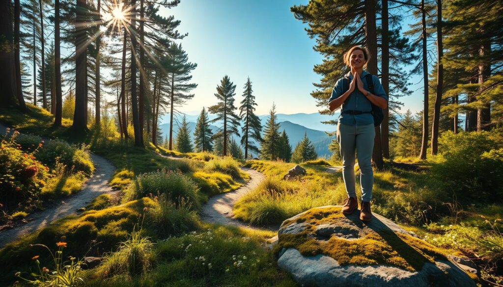 A serene scene depicting mindful hiking techniques in a lush forest. In the foreground, a person in modest outdoor attire is practicing deep breathing, standing on a moss-covered rock with a gentle smile. The middle ground features winding hiking trails lined with wildflowers and vibrant greenery, while rays of warm sunlight filter through the treetops above, creating a calm and inviting atmosphere. The background showcases distant mountains under a clear blue sky, enhancing the sense of nature's tranquility. The composition uses a soft focus lens effect to capture the peaceful moment, while the lighting casts gentle shadows, emphasizing the harmony between the hiker and the surrounding landscape. The overall mood is one of serenity, relaxation, and connection to nature.