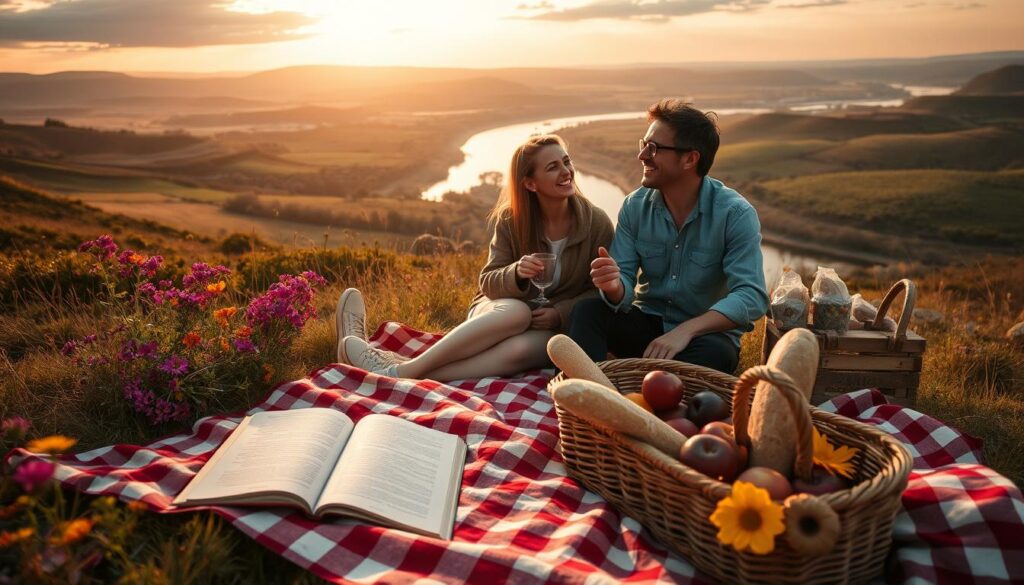 A serene scene depicting the essence of slow travel rewards. In the foreground, a cozy picnic setup with a checkered blanket, an open book, and a basket filled with fresh fruits and artisanal bread. In the middle ground, a couple of travelers, dressed in modest casual clothing, leisurely enjoying their meal while sharing laughter, surrounded by vibrant wildflowers. The background features a stunning landscape of rolling hills and a calm, winding river under a soft, golden sunset, creating a warm and inviting atmosphere. The scene is softly lit, capturing the tranquility and joy of taking time to savor experiences. The angle is slightly elevated to encompass both the travelers and the beautiful scenery, emphasizing the connection between nature and a slower pace of life. A serene scene depicting the essence of slow travel rewards. In the foreground, a cozy picnic setup with a checkered blanket, an open book, and a basket filled with fresh fruits and artisanal bread. In the middle ground, a couple of travelers, dressed in modest casual clothing, leisurely enjoying their meal while sharing laughter, surrounded by vibrant wildflowers. The background features a stunning landscape of rolling hills and a calm, winding river under a soft, golden sunset, creating a warm and inviting atmosphere. The scene is softly lit, capturing the tranquility and joy of taking time to savor experiences. The angle is slightly elevated to encompass both the travelers and the beautiful scenery, emphasizing the connection between nature and a slower pace of life.