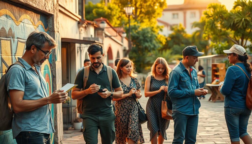 A serene scene illustrating the concept of intentional travel, showcasing a diverse group of travelers, dressed in modest casual clothing, engaging with local culture. In the foreground, a person is sketching a vibrant street mural while another is sampling street food. In the middle ground, a couple converses with a local artisan, creating handmade crafts. The background features picturesque architecture and lush greenery, bathed in warm, golden hour sunlight, enhancing the inviting atmosphere. The scene should convey a sense of connection and exploration, captured with a soft focus lens to create a dreamy, immersive effect, evoking the essence of thorough exploration.