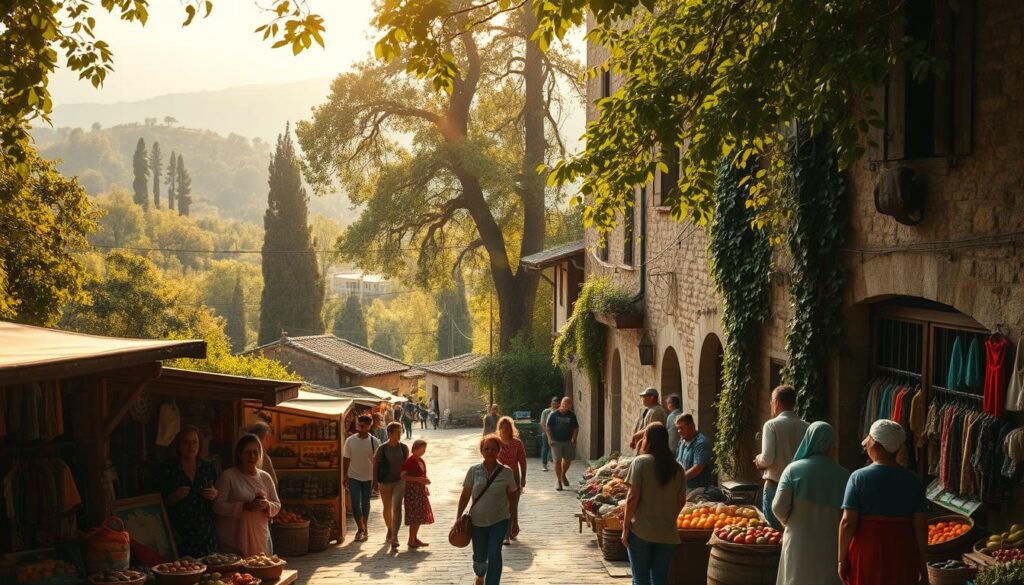 A serene scene showcasing a hidden gem in a lush, vibrant forest. In the foreground, a quaint local market bustling with people dressed in modest casual clothing, showcasing colorful handmade crafts and fresh produce. The middle ground features a narrow, meandering path lined with old stone buildings adorned with ivy, inviting travelers to explore further. In the background, towering trees and distant hills create a picturesque rural landscape. Soft, golden sunlight filters through the leaves, casting a warm glow over the entire scene. The mood is tranquil yet lively, embodying the spirit of discovery and cultural immersion. Capture this intimate, off-the-beaten-path travel experience with a slightly elevated angle, emphasizing the inviting atmosphere.