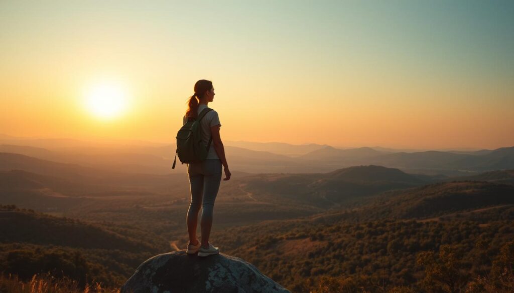 A serene, sunlit landscape depicting a solo traveler amidst nature, capturing the essence of self-discovery. In the foreground, a young woman in modest casual clothing stands confidently on a rocky overlook, gazing out across a sprawling valley filled with lush greenery and distant mountains. Her backpack rests at her feet, symbolizing her journey. The middle ground features winding trails and gentle hills, suggesting exploration and adventure. In the background, the sky transitions from warm oranges and yellows to cool blues, indicating the time of day is sunset, casting a golden glow over the scene. The atmosphere feels reflective and inspiring, evoking a sense of freedom and personal growth, with soft, natural lighting that enhances the tranquil mood.