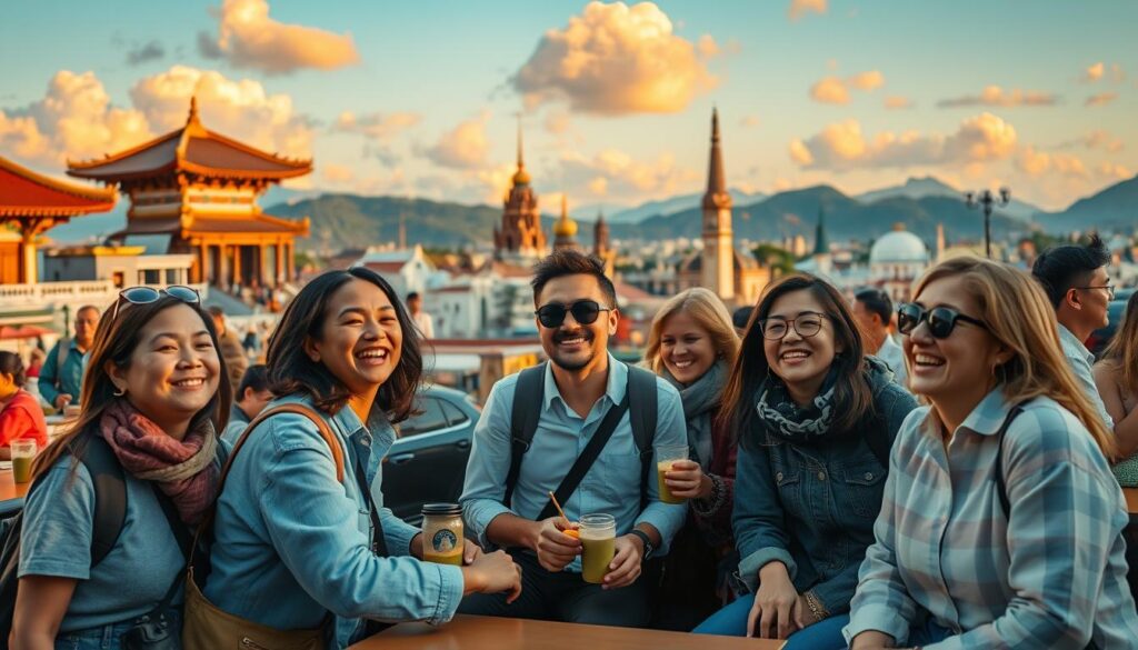 A serene travel scene capturing the essence of "Making Every Travel Moment Count." In the foreground, a diverse group of travelers, dressed in casual yet professional attire, are sharing joyful experiences—laughing, taking photos, and enjoying local delicacies at a vibrant outdoor café. In the middle ground, iconic landmarks representative of various cultures, such as an ancient temple and modern architecture, create an inviting atmosphere. The background features a clear blue sky filled with soft, fluffy clouds, and distant mountains bathed in the warm glow of sunset. The lighting is soft and golden, casting gentle shadows that enhance the cozy feel of the scene. The overall mood is cheerful and inspiring, symbolizing connection and exploration, encouraging viewers to embrace every moment of their journey.