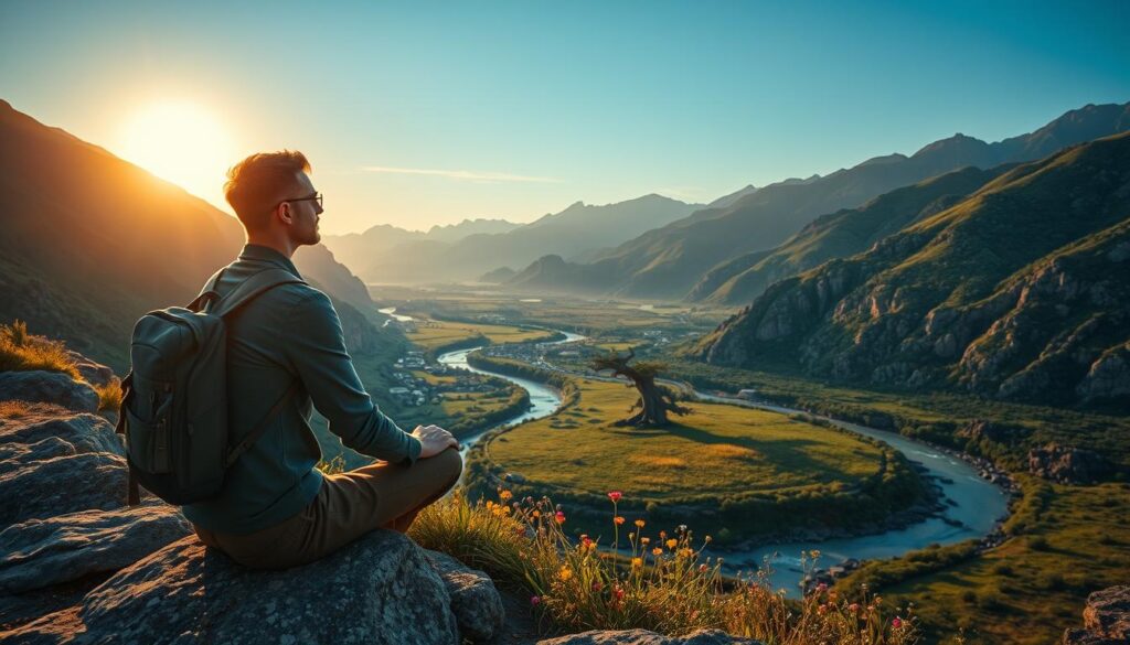 A serene travel scene capturing the essence of being present while traveling. In the foreground, a traveler, dressed in comfortable yet smart casual clothing, sits cross-legged on a rocky ledge, gazing thoughtfully at a breathtaking landscape. The midground features a lush, green valley with a winding river, dotted with colorful wildflowers and an ancient tree. In the background, majestic mountains rise under a clear blue sky, illuminated by the warm glow of a setting sun casting soft golden tones across the scene. The atmosphere is peaceful and reflective, inviting viewers to immerse themselves in the moment. The composition suggests a sense of mindfulness, evoking tranquility and connection to nature, captured from a slightly elevated angle to showcase the expansive view while focusing on the traveler.