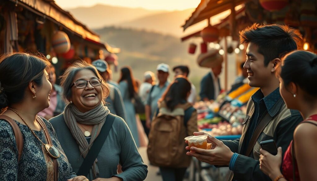 A serene travel scene depicting a diverse group of people engaged in meaningful interactions. In the foreground, a middle-aged woman in modest casual clothing shares a laughter-filled moment with a young man in business attire, both enjoying a local delicacy at a vibrant street market. The middle ground features colorful market stalls brimming with handmade crafts and fresh produce, drawing in curious travelers. In the background, a picturesque landscape unfolds—rolling hills under a warm, golden sunset, creating a soft, inviting glow. The entire scene is bathed in soft, natural lighting, emphasizing the joyful expressions and emotional connections among the travelers. The atmosphere is warm and inviting, capturing the essence of travel as an emotional journey that transcends mere destinations.
