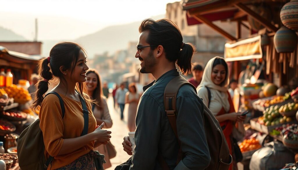 A serene travel scene showcasing diverse travelers engaged in authentic cultural experiences. In the foreground, a small group of friends, dressed in modest casual clothing, interact with local artisans, marveling at handcrafted goods. The middle ground features vibrant local markets bustling with colors, fresh produce, and smiling vendors, creating an inviting atmosphere. In the background, picturesque hills or ancient buildings reflect the heritage of the region, bathed in warm golden sunlight. The scene conveys a sense of connection and discovery, inviting viewers to feel the joy of immersing oneself in new cultures. Use a soft focus lens with warm tones to enhance the mood of exploration and empathy, evoking a peaceful and enriching travel experience.