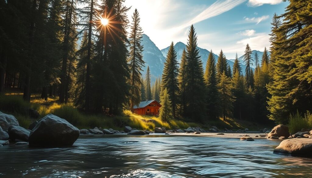 A serene wilderness escape, showcasing a tranquil forest landscape. In the foreground, a calm river gently flows over smooth rocks, reflecting the soft rays of sunlight filtering through tall, lush trees. In the middle ground, a cozy wooden cabin peeks through the greenery, with a warm glow emanating from the windows, suggesting a comforting space after a day outdoors. The background features majestic mountains capped with snow, towering under a clear blue sky with wispy clouds. The atmosphere is peaceful, embodying a sense of calm and rejuvenation. The lighting is soft and warm, enhancing the tranquil beauty of nature. The image is captured from a low angle to emphasize the towering trees and mountains, inviting the viewer to immerse in this nature-filled escape.