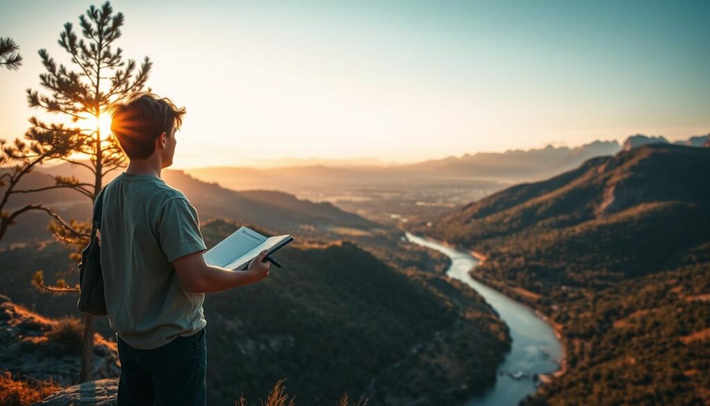 A stunning outdoor scene that captures the essence of wanderlust. In the foreground, a person in modest, casual clothing stands at the edge of a cliff, looking out over a breathtaking landscape of rolling hills and a winding river below. They are holding a travel journal, with a pen in hand, illuminated by soft, golden sunlight filtering through nearby trees. The middle ground features a vibrant, colorful sunrise casting warm hues across the sky, enhancing the sense of adventure. In the background, majestic mountains rise against a clear blue sky, hinting at untold journeys ahead. The overall mood is one of inspiration and anticipation, evoking a feeling of freedom and exploration. The scene is captured with a wide-angle lens to emphasize the vastness of the landscape, and the lighting adds a dreamy, ethereal quality.