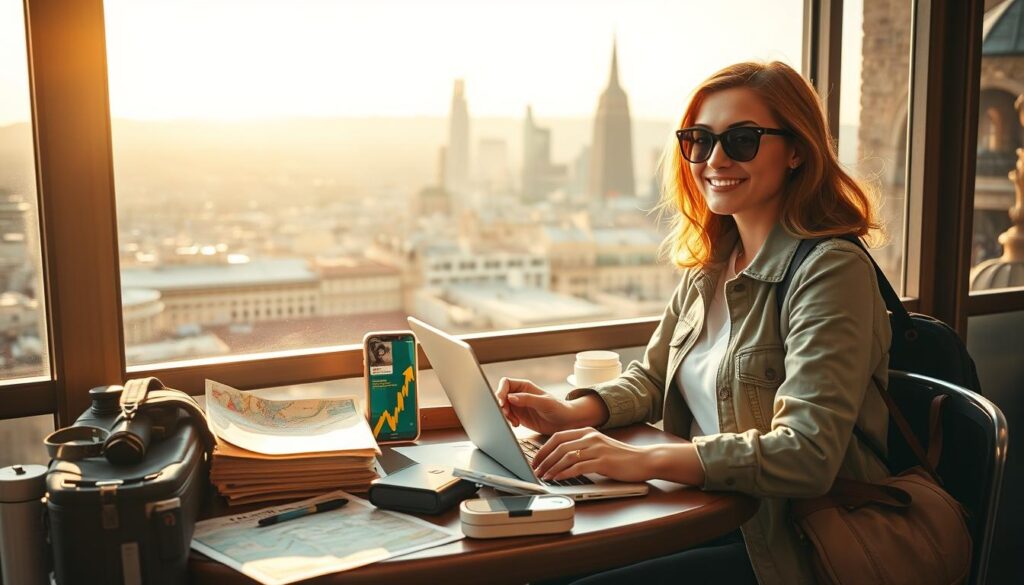 A vibrant and engaging scene depicting "solo travel hacks" for the independent explorer. In the foreground, a confident traveler, a woman in stylish yet modest casual clothing, sits at a cozy café table surrounded by travel gear—maps, a laptop, and travel apps visible on her phone. The middle layer features an array of helpful travel hacks displayed artistically, like packing cubes, a portable charger, and local guides, all arranged neatly as visual aids. In the background, a picturesque cityscape unfolds, with iconic landmarks peeking through bright, clear skies, suggesting adventure and freedom. The lighting is warm and inviting, capturing the golden hour glow, while the angle is slightly elevated, providing a dynamic perspective. The overall mood should convey empowerment, exploration, and the joy of solo travel experiences.