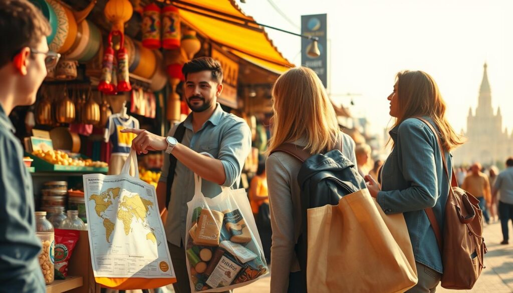 A vibrant and engaging scene of a smart traveler in a bustling market, carrying a reusable shopping bag filled with local food items and travel essentials, dressed in comfortable yet stylish clothing. In the foreground, a diverse group of people is discussing budget travel tips, with one individual pointing at a map, showcasing affordable routes and destinations. The middle ground features colorful stalls filled with handcrafted goods, street food, and travel gear, emphasizing affordable and unique finds. In the background, an iconic landmark peeks through, bathed in warm sunlight, suggesting a cheerful and adventurous atmosphere. The lighting is bright and inviting, capturing the excitement of smart spending while exploring new cultures. The angle is slightly elevated, providing a panoramic view that conveys a sense of discovery and opportunity.