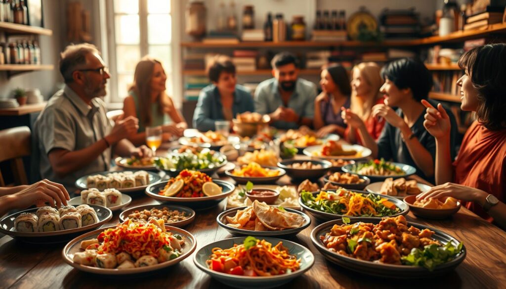 A vibrant and inviting culinary scene showcasing diverse cultural dishes around a beautifully set wooden table. In the foreground, an array of colorful plates filled with tantalizing foods from different regions – think sushi rolls, fragrant curry, fresh Mediterranean salads, and artisan bread, all artfully arranged. In the middle ground, a diverse group of people, dressed in modest casual clothing, engaged in animated discussions and laughter, embodying a sense of community and shared experience. Warm, natural lighting streams in from a nearby window, casting a soft glow on the dishes, enhancing the appetizing colors. In the background, blurred shelves stacked with spices and cookbooks create an atmosphere of culinary exploration and knowledge, inviting viewers to embrace food as a gateway to cultural discovery. The overall mood is warm, welcoming, and celebratory, capturing the essence of savoring culture through food.