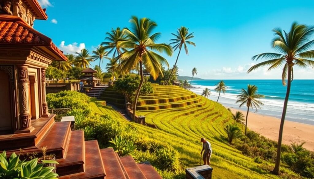 A vibrant and picturesque scene showcasing iconic Bali tourist attractions. In the foreground, a traditional Balinese temple with intricate carvings and lush greenery. In the middle, a scenic rice terrace with cascading greenery and local farmers wearing modest casual clothing, tending to their crops. A serene beach with gentle waves in the background, framed by palm trees under a bright blue sky. The sunlight casts warm golden tones, enhancing the tranquil atmosphere. The image is captured from a slightly elevated angle to provide a panoramic view of the beauty of Bali, emphasizing the harmony between nature and culture.