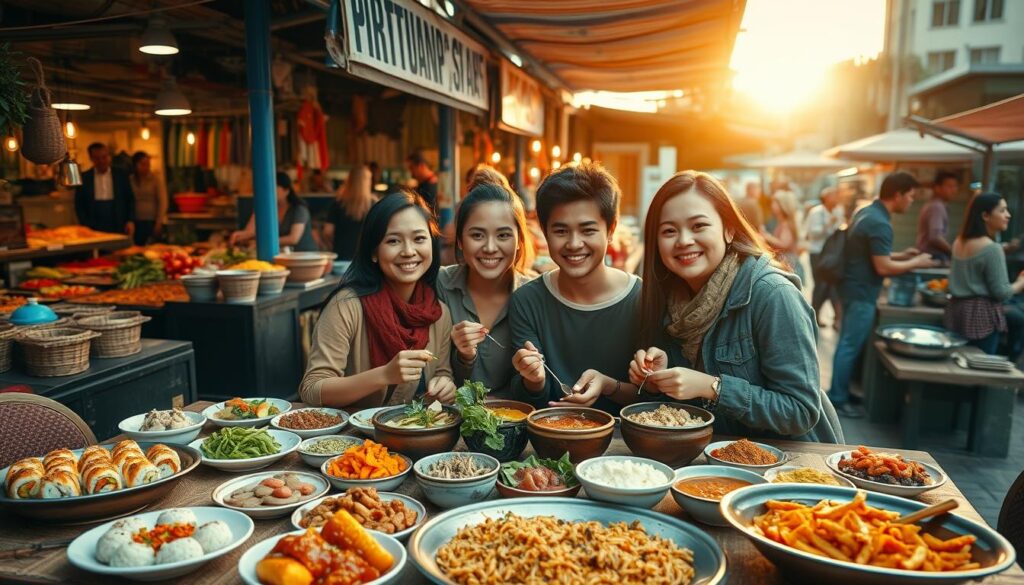 A vibrant culinary exploration scene filled with a diverse array of global cuisines. In the foreground, a beautifully arranged table set with colorful dishes from various cultures, including sushi, paella, and traditional pasta. In the middle, a diverse group of four people, dressed in modest casual attire, gathered around the table with joyful expressions as they taste and share their dishes, embodying the spirit of culinary discovery. In the background, a bustling outdoor market with food stalls showcasing fresh ingredients and spices, under warm, golden hour lighting that casts a welcoming glow. The atmosphere is lively and inviting, evoking a sense of adventure and cultural appreciation in the world of food.