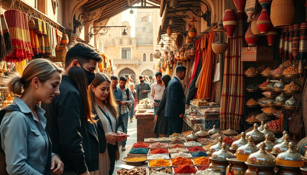 A vibrant cultural marketplace bustling with diverse travelers engaging with local artisans. In the foreground, a group of people in business casual attire examines handcrafted goods, their expressions reflecting curiosity and connection. The middle ground features colorful stalls adorned with traditional crafts, textiles, and spices, creating a warm and inviting atmosphere. In the background, historic architecture peeks through, suggesting a rich heritage and depth to the setting. Soft, golden daylight filters through, casting dynamic shadows and illuminating the vibrant colors of the wares. The angle is slightly elevated, capturing the energy of the scene while providing a comprehensive view of the cultural exchange. The overall mood is one of discovery, warmth, and shared experiences among different cultures.