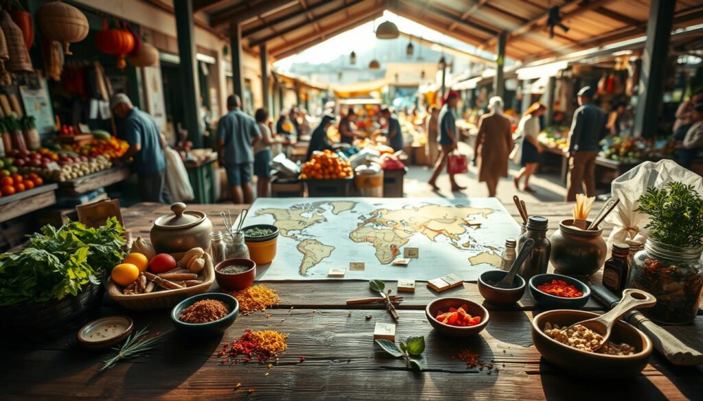 A vibrant, inviting scene showcasing culinary travel tips for planning unforgettable experiences. In the foreground, a beautifully arranged wooden table displays an array of colorful local ingredients, spices, and cooking tools, suggesting a hands-on culinary adventure. In the middle ground, a world map is spread out, marked with post-it notes and small icons indicating culinary hotspots and food festivals. The background features an open-air market bustling with people in modest casual clothing, shopping for fresh produce. Sunlight filters through, creating a warm, inviting atmosphere that conveys excitement for food exploration. The scene captures a sense of adventure and cultural connection, emphasizing the joy of discovering local cuisines. Aim for a soft-focus effect to add to the dreamy, travel-inspired mood.