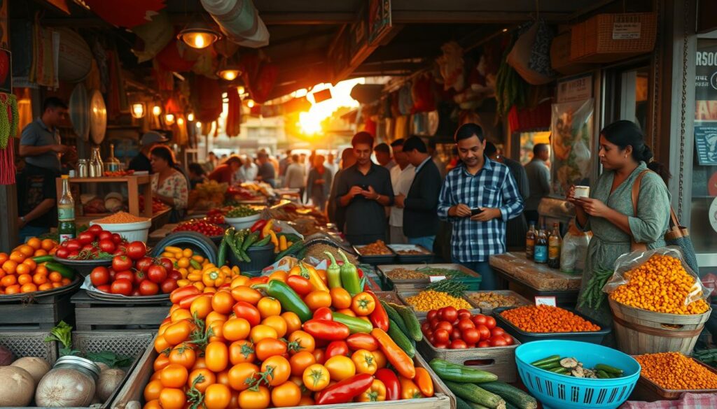 A vibrant local food market bustling with activity, showcasing an array of colorful fresh fruits, vegetables, and unique local delicacies. In the foreground, a wooden stall overflowing with ripe tomatoes, vibrant peppers, and exotic spices creates an inviting scene. The middle ground features various vendors, dressed in modest casual clothing, engaged with customers, sharing samples and local recipes, their friendly expressions reflecting the warmth of the community. In the background, a lively atmosphere with shoppers interacting, the setting sun casting a warm golden light, enhancing the rich colors of the produce. The scene is captured from a slightly elevated angle, allowing a sweeping view of the market's activity, evoking a sense of cultural discovery and culinary delight.