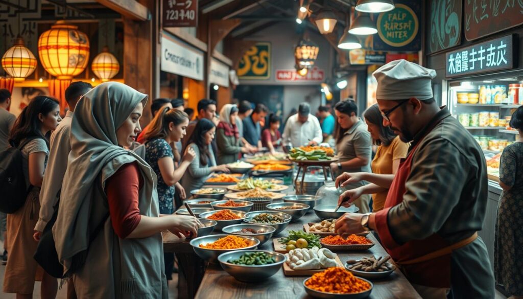 A vibrant market scene showcasing a diverse group of travelers engaging respectfully with local food traditions. In the foreground, a young woman in modest casual clothing carefully observes a skilled chef preparing traditional dishes, surrounded by colorful spices and fresh ingredients on a rustic wooden table. The middle ground features local vendors showcasing their culinary delights, with joyful interactions highlighting cultural exchange. In the background, traditional market architecture and lively street art evoke a sense of place. The lighting is warm and inviting, with soft shadows creating an intimate atmosphere. The scene is captured with a wide-angle lens, emphasizing the diversity of food and cultures, illustrating the importance of respecting food traditions during travels.