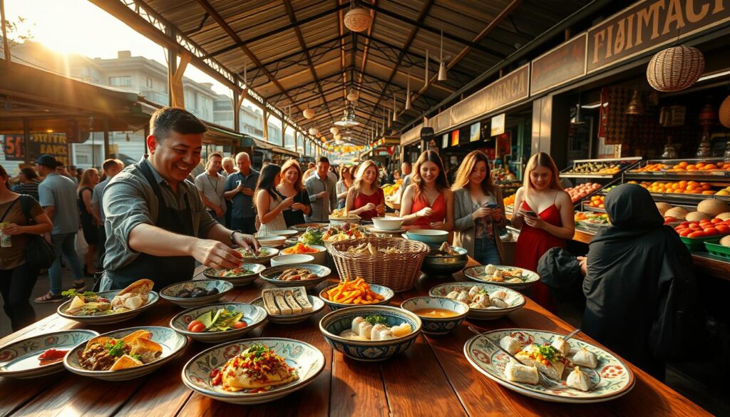 A vibrant market scene showcasing diverse culinary experiences from around the world. In the foreground, a wooden table laden with colorful local dishes, including street food like tacos, sushi, and dim sum, elegantly arranged on hand-painted ceramic plates. A smiling local chef in casual attire serves a dish, adding a personal touch to the experience. In the middle ground, enthusiastic travelers sample food from various stalls, interacting with vendors who proudly share their culinary traditions. The background features an open-air market bustling with people, colorful banners, and fresh produce. Warm golden-hour sunlight bathes the scene, casting soft shadows, creating a welcoming and lively atmosphere. The overall mood is one of discovery, connection, and cultural appreciation, perfect for inspiring unique travel experiences through food.