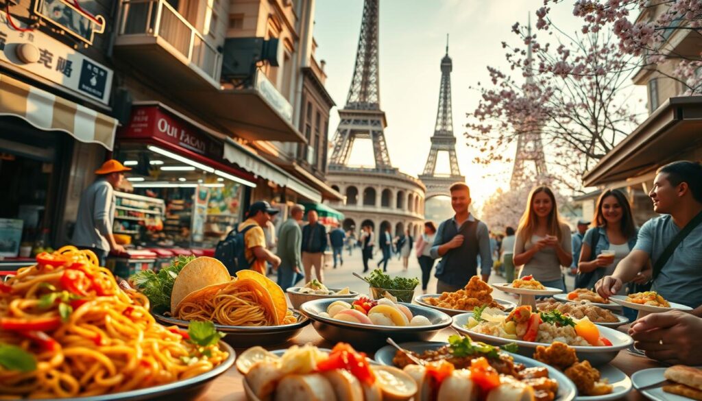 A vibrant montage of iconic food destinations around the world. In the foreground, a beautifully arranged table featuring a variety of international dishes: fragrant Italian pasta, colorful Mexican tacos, delicate Japanese sushi, and rich Indian curry. In the middle ground, bustling street markets with local vendors joyfully serving fresh produce and traditional snacks, with happy tourists savoring their meals. The background showcases famous landmarks like the Eiffel Tower, the Colosseum, and cherry blossom trees in Japan, creating a sense of global exploration. The scene is bathed in warm golden hour lighting, casting soft shadows and enhancing the inviting atmosphere. Shot with a wide-angle lens to capture the lively essence of culinary adventure, evoking excitement and a sense of communal joy around food.