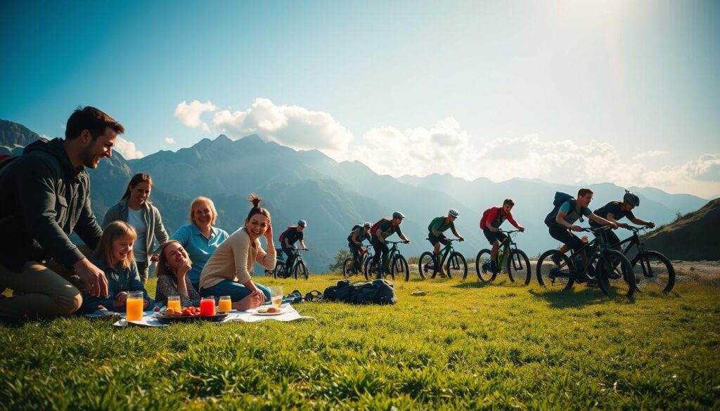 A vibrant outdoor scene filled with diverse people engaging in various activities that embody the essence of adventure. In the foreground, a family enjoys a picnic on a lush green lawn, their laughter echoed by nearby hikers. In the middle ground, a group of friends tackle a rocky trail on mountain bikes, showcasing their energy and camaraderie. In the background, majestic mountains rise under a clear blue sky, with fluffy white clouds drifting lazily. A soft golden sunlight bathes the scene, creating a warm and inviting atmosphere. The mood is joyful and rejuvenating, capturing the spirit of outdoor adventures for everyone, aiming to inspire a connection with nature. The composition should be captured from a slightly elevated angle, highlighting the dynamic interaction of the people and the breathtaking landscape.