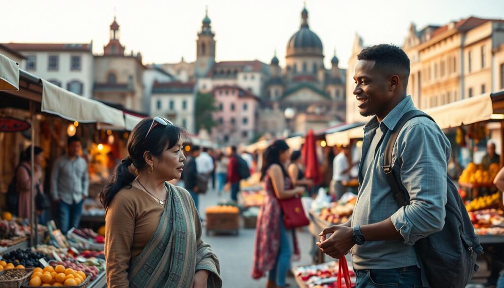 A vibrant scene depicting cultural growth through travel, showcasing a diverse group of individuals from various backgrounds engaging in a lively outdoor market. In the foreground, a middle-aged Asian woman in modest everyday attire admires handcrafted artifacts alongside a young Black man in casual clothes discussing with a local vendor. The middle ground features colorful stalls filled with exotic fruits, textiles, and handmade crafts, reflecting different cultures. In the background, picturesque architecture from different regions, symbolizing global diversity, bathed in warm, golden hour lighting. The mood is inviting and joyful, encapsulating the essence of cultural exchange and understanding, captured from a slightly elevated angle for depth and perspective.