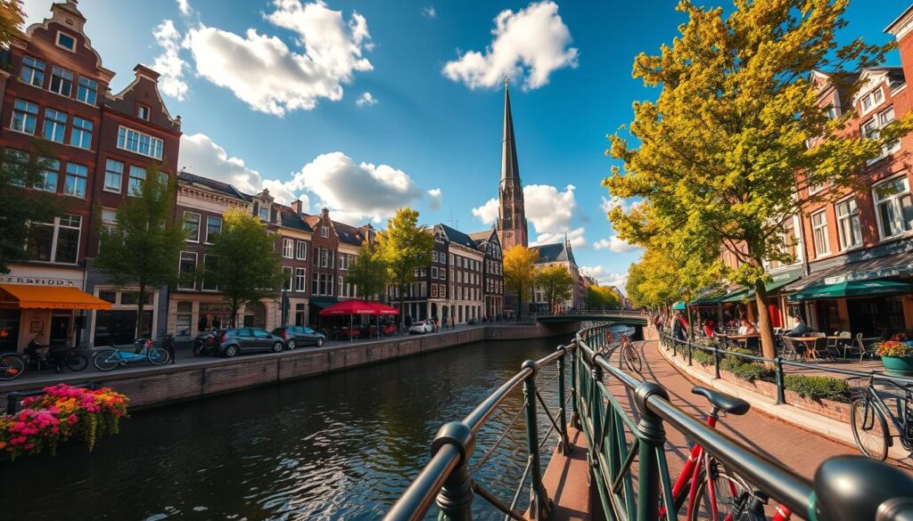 A vibrant scene of Amsterdam’s iconic landmarks, featuring the picturesque canals lined with historic 17th-century architecture. In the foreground, a charming canal bridge adorned with bicycles and flowers, capturing the essence of local life. The middle ground showcases world-famous sites like the Anne Frank House and the Westerkerk tower, bathed in warm golden sunlight. Lush trees and cafes with outdoor seating add a lively atmosphere, inviting visitors to relax and soak in the surroundings. In the background, a bright blue sky with fluffy white clouds enhances the cheerful ambiance. Use a wide-angle lens perspective to capture the breadth of the landscape, highlighting the beauty and charm of Amsterdam’s urban experience.