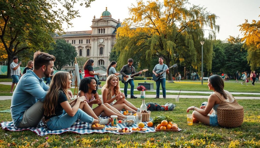 A vibrant scene showcasing diverse individuals engaging in a variety of free local experiences in an urban park. In the foreground, a group of friends enjoys a lively picnic on a blanket, surrounded by colorful fruits and homemade dishes. In the middle ground, a street musician captivates a small audience with soothing melodies, while an artist captures the scene on canvas. The background features a picturesque view of a historical building and lush trees gently swaying in the breeze. The lighting is warm and inviting, capturing the golden hour just before sunset, creating a cheerful, relaxed atmosphere. The angle is slightly elevated, providing an expansive view of the joy and connection in the community.