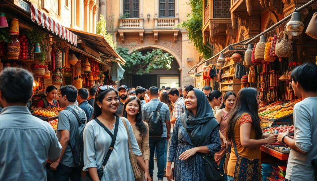 A vibrant street market buzzing with life and culture, showcasing diverse stalls filled with colorful, exotic foods and handcrafted goods. In the foreground, a diverse group of travelers, dressed in modest casual clothing, engage with local artisans, exchanging smiles and stories. The middle ground features lively interactions between locals and tourists, fostering a sense of connection and curiosity. In the background, historic architecture with intricate details and greenery peeking through, symbolizing the blend of old and new. Soft, warm sunlight bathes the scene, casting inviting shadows and highlighting the rich textures. The mood is uplifting and transformative, capturing the essence of a genuine cultural experience that inspires personal growth.