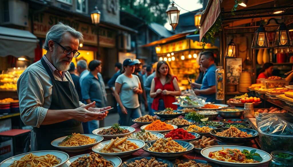 A vibrant street market scene during golden hour, filled with a variety of colorful local dishes being prepared and shared. In the foreground, a knowledgeable local chef, dressed in modest casual attire, explains the history and significance of the food to a small group of interested travelers, who are attentively listening and taking notes. In the middle, beautifully arranged dishes showcase the ingredients and techniques unique to the region, such as homemade pasta, fresh herbs, and spices. The background features charming, rustic stalls adorned with hanging lanterns and a warm glow, accentuating an inviting atmosphere. Soft light illuminates the scene, creating a warm and engaging mood that conveys the essence of food as storytelling.