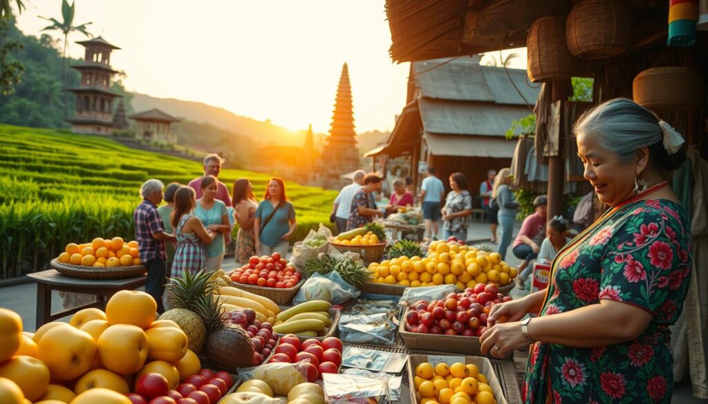 A vibrant street market scene in Bali, showcasing local culture. In the foreground, a traditional Balinese woman dressed in a colorful kebaya, meticulously arranging an array of fresh tropical fruits and handmade crafts on a bamboo stall. The middle ground features locals engaging in joyful conversation, with a backdrop of lush green rice terraces, traditional thatched-roof huts, and intricate temple structures. In the distance, the sun sets, casting a warm golden glow that enhances the rich colors of the scene. Capture the atmosphere of warmth and community, with soft, diffused lighting that highlights the textures of the fruits and textiles. The angle of the shot is slightly elevated to provide a comprehensive view of the bustling market life. A vibrant street market scene in Bali, showcasing local culture. In the foreground, a traditional Balinese woman dressed in a colorful kebaya, meticulously arranging an array of fresh tropical fruits and handmade crafts on a bamboo stall. The middle ground features locals engaging in joyful conversation, with a backdrop of lush green rice terraces, traditional thatched-roof huts, and intricate temple structures. In the distance, the sun sets, casting a warm golden glow that enhances the rich colors of the scene. Capture the atmosphere of warmth and community, with soft, diffused lighting that highlights the textures of the fruits and textiles. The angle of the shot is slightly elevated to provide a comprehensive view of the bustling market life.