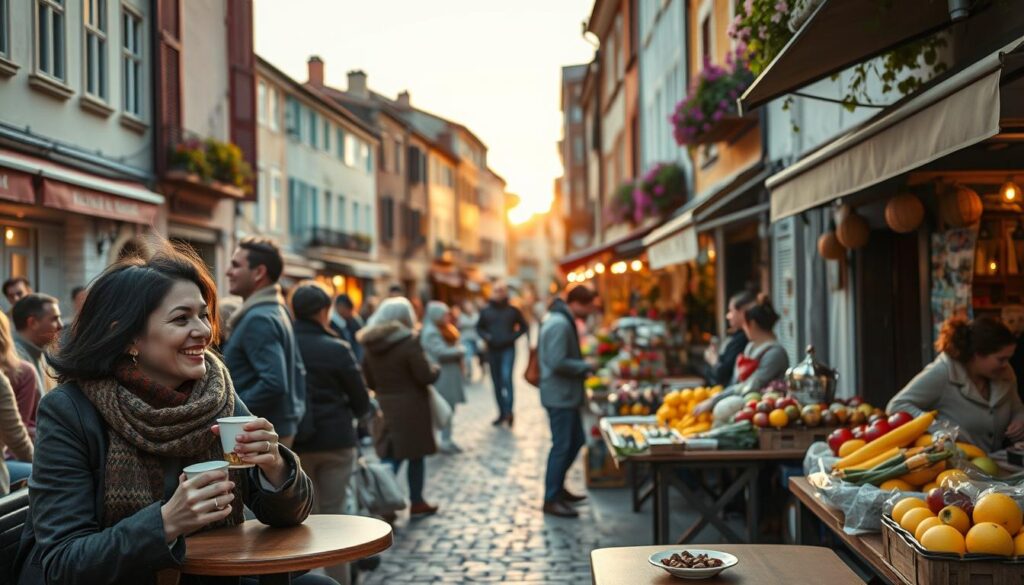 A vibrant street scene capturing the essence of local culture in a European city. In the foreground, a diverse group of people, including a woman in a cozy scarf and a man in a stylish jacket, enjoy a traditional outdoor café, sipping coffee and sharing laughter. The middle of the scene features artisanal vendors selling handmade crafts and fresh produce, inviting interaction. In the background, charming historical buildings with colorful facades and blooming flowers line the cobblestone street under a soft, golden sunset, creating a warm, welcoming atmosphere. The image should have natural lighting, emphasizing the connection between the locals and their environment, with a slight depth of field to draw focus to the lively interaction, evoking a sense of joy and immersion in local culture.