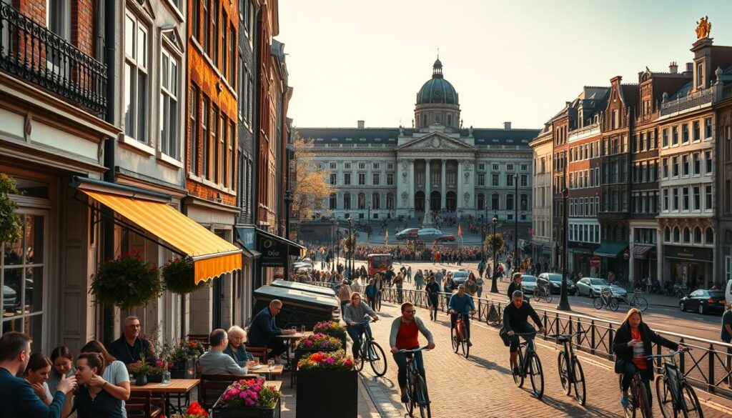 A vibrant street scene in Amsterdam showcasing iconic top sights, including the picturesque canals lined with traditional Dutch houses, cyclists traversing the cobblestone streets, and the stunning architecture of the Anne Frank House. The foreground features a quaint café with patrons enjoying coffee on outdoor terraces, adorned with colorful flowers. In the middle, the famous Dam Square is bustling with tourists and locals alike, and the historical Royal Palace stands majestically in the background. Bright, golden hour lighting casts a warm glow over the scene, enhancing the lively atmosphere. Capture this moment from a slightly elevated angle to provide a panoramic view of the splendor of Amsterdam, evoking a sense of adventure and charm.