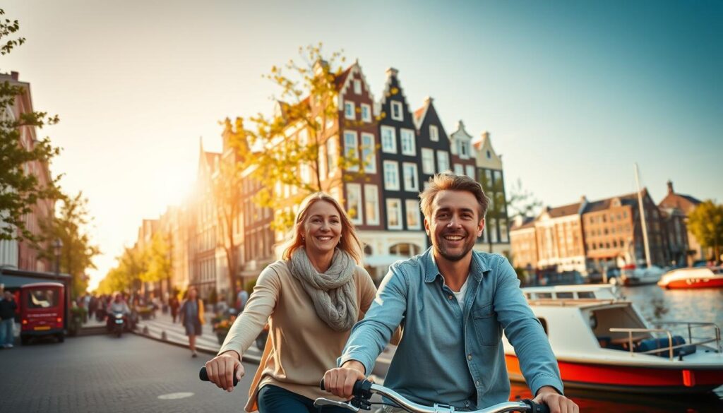 A vibrant street scene in Amsterdam showcasing unique experiences, featuring a picturesque canal lined with colorful houseboats. In the foreground, a couple dressed in modest casual clothing enjoys a bike ride, smiling as they pass a local market with artisan goods. The middle ground highlights the stunning architecture of traditional Dutch buildings, adorned with lush greenery and blooming flowers. In the background, the iconic Amsterdam canal cruise boats glide peacefully through the water, reflecting the bright blue sky. The golden hour sunlight casts a warm and inviting glow over the scene, creating a cheerful and adventurous atmosphere. Capture this lively essence using a wide-angle lens to emphasize the charming surroundings and dynamic energy of the city.