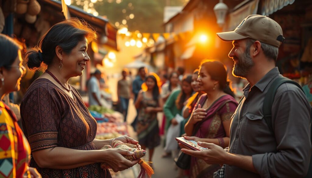 A vibrant street scene in a lively local market, showcasing diverse community members engaging warmly with travelers. In the foreground, a middle-aged local woman, dressed in modest casual attire, is sharing traditional crafts with an enthusiastic traveler, who is listening intently. The middle ground features colorful stalls filled with fresh produce and handmade goods, with locals exchanging smiles and stories. In the background, the sun sets, casting golden light that enhances the welcoming atmosphere, creating long shadows and highlighting the warm hues of the market. The composition should be captured with a slightly elevated angle, emphasizing the intimacy of the interactions while showcasing the bustling energy of the market. The mood is warm, inclusive, and vibrant, reflecting the beauty of cultural connection.