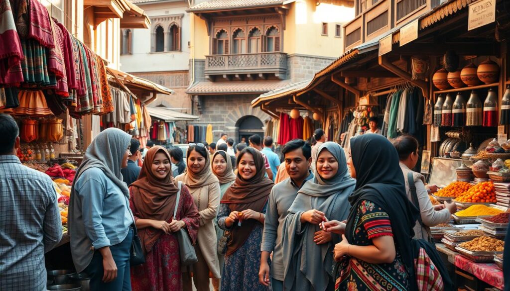 A vibrant street scene showcasing cultural immersion, set in a bustling market filled with colorful textiles and local artisans. In the foreground, a small group of diverse individuals dressed in modest casual clothing, engaging with friendly vendors, exchanging smiles, and sampling traditional foods. In the middle, artisan stalls overflowing with handmade crafts, spices, and fruits create a rich tapestry of colors and textures. In the background, local architecture reflects the cultural heritage of the area, with intricate designs and warm hues bathed in golden afternoon light. The atmosphere is lively and inviting, evoking a sense of connection and deep engagement with the local culture. Use a wide-angle lens to capture the richness of the scene, with soft focus on the background to highlight the interaction in the foreground.