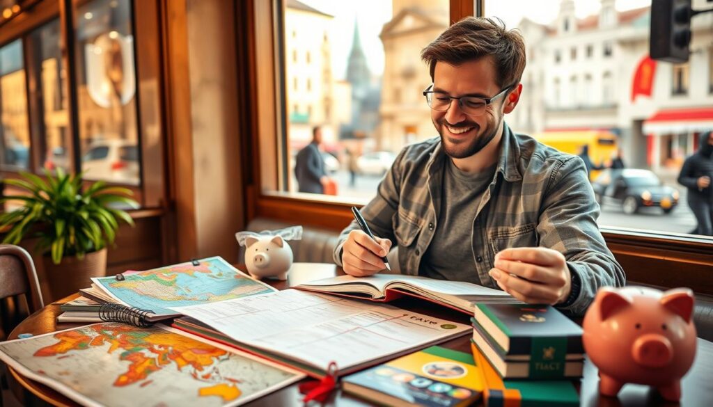 A visually captivating scene depicting money-saving travel hacks. In the foreground, a well-organized travel planner lies open on a cozy café table, surrounded by a colorful assortment of travel-related items: a world map, budget-friendly travel guides, and a piggy bank. The middle ground features a cheerful traveler in modest casual clothing, actively jotting down tips in the planner, his expression reflecting excitement and focus. In the background, a window reveals a vibrant street scene of a popular travel destination, with iconic landmarks partially visible, bathed in warm, golden afternoon light. The atmosphere exudes a sense of adventure, possibility, and financial savvy, inviting viewers to explore meaningful travel experiences on a budget. Use a soft depth of field to keep the focus on the foreground elements while gently blurring the background details.