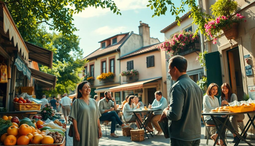 A warm and inviting street scene in a quaint neighborhood, showcasing a local market bustling with activity. In the foreground, a friendly vendor selling colorful fruits and vegetables smiles at a couple dressed in modest casual clothing, engaged in friendly conversation. In the middle ground, a group of locals sit at a small café, sipping coffee and enjoying pastries, exuding a sense of relaxed camaraderie. The background features charming old buildings adorned with greenery and vibrant flowers, under a bright blue sky with soft, diffused sunlight filtering through leaves. The atmosphere is lively yet serene, capturing the essence of embracing local culture and community. The angle is slightly elevated, providing a comprehensive view of the bustling street life. A warm and inviting street scene in a quaint neighborhood, showcasing a local market bustling with activity. In the foreground, a friendly vendor selling colorful fruits and vegetables smiles at a couple dressed in modest casual clothing, engaged in friendly conversation. In the middle ground, a group of locals sit at a small café, sipping coffee and enjoying pastries, exuding a sense of relaxed camaraderie. The background features charming old buildings adorned with greenery and vibrant flowers, under a bright blue sky with soft, diffused sunlight filtering through leaves. The atmosphere is lively yet serene, capturing the essence of embracing local culture and community. The angle is slightly elevated, providing a comprehensive view of the bustling street life.